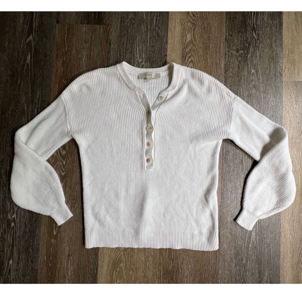 LOFT Henley Sweater Womens XS White Ribbed Knit Balloon Sleeve Pullover 1637